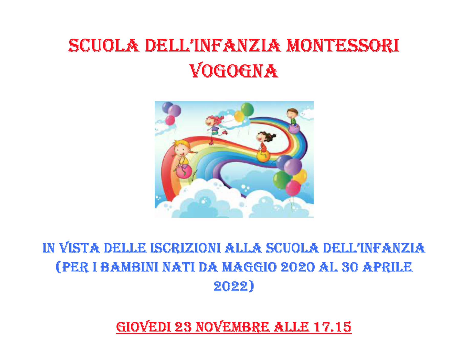 Locandina Open Day Scuola Infanzia Montessori di Vogogna, 23/11 ore 17:15 e 13/12 ore 10:15