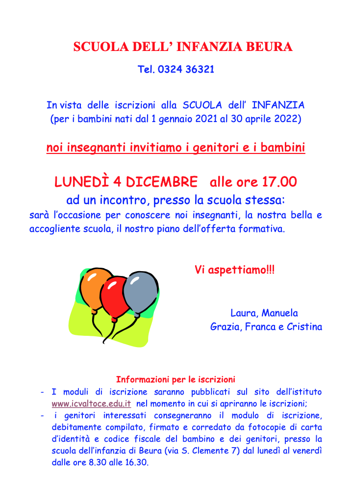Locandina Open Day Scuola Infanzia Beura, 4/12 ore 17:00